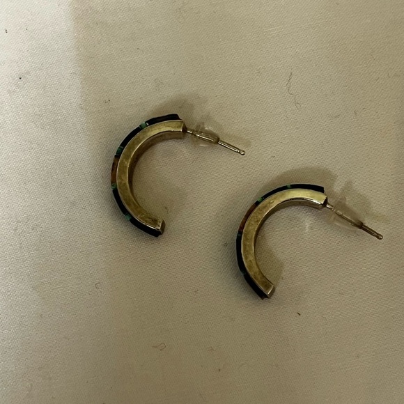 Native American Sterling Tiger Eye Opal Multi Stone Inlaid Half Cuff earrings OS - Picture 5 of 9